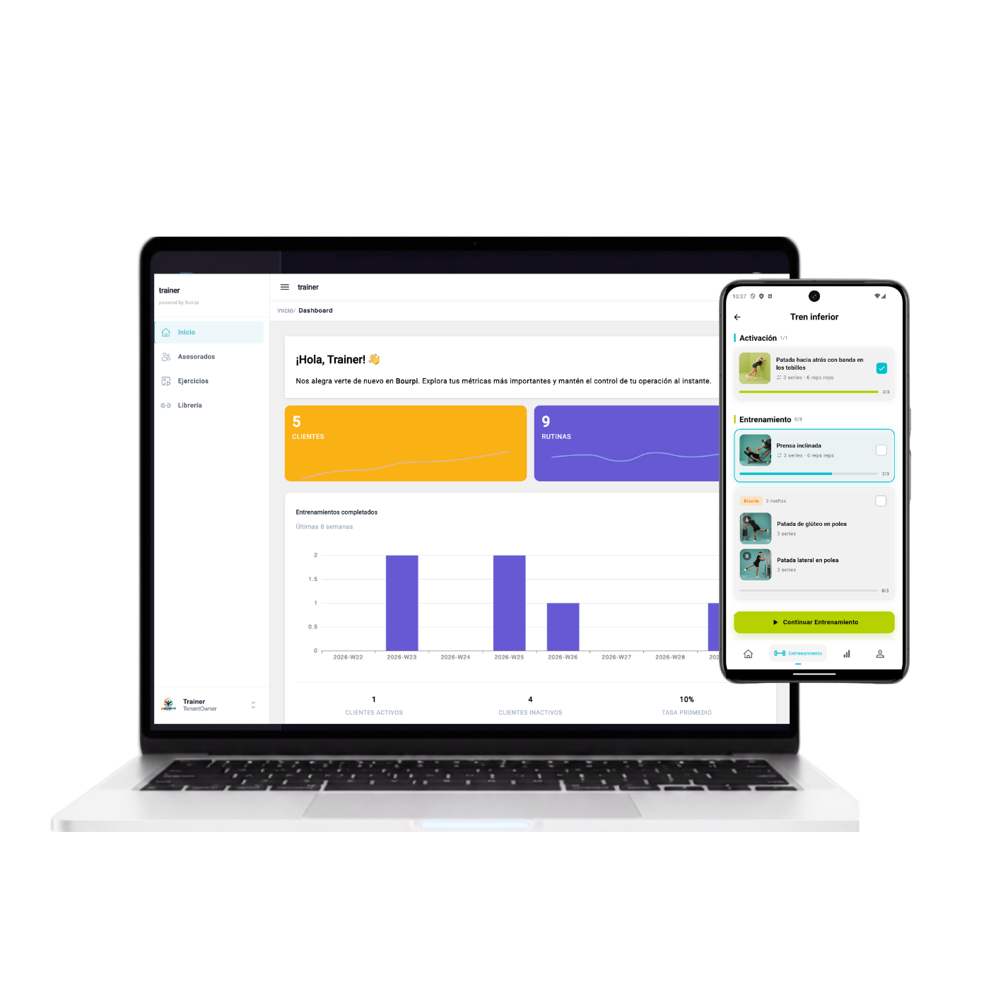 Interfaz del software para crear rutinas de gimnasio Bourpi
